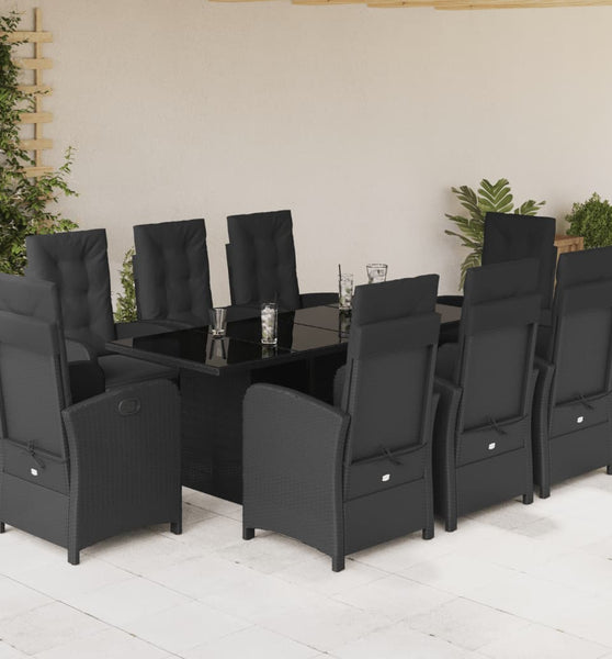 9-tlg. Garten-Essgruppe mit Kissen Schwarz Poly Rattan