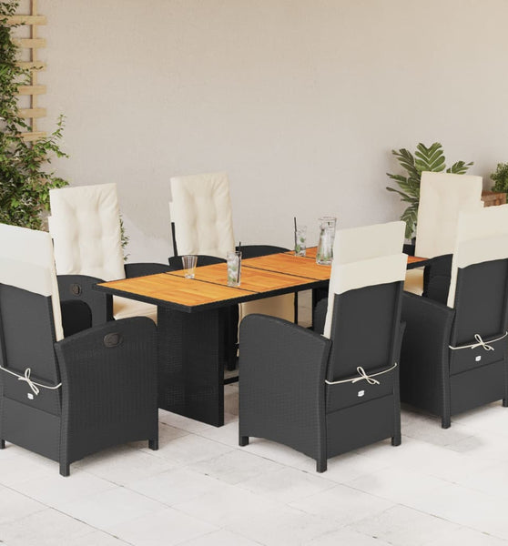 7-tlg. Garten-Essgruppe mit Kissen Schwarz Poly Rattan