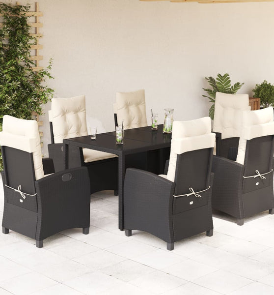 7-tlg. Garten-Essgruppe mit Kissen Schwarz Poly Rattan