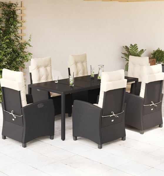 7-tlg. Garten-Essgruppe mit Kissen Schwarz Poly Rattan