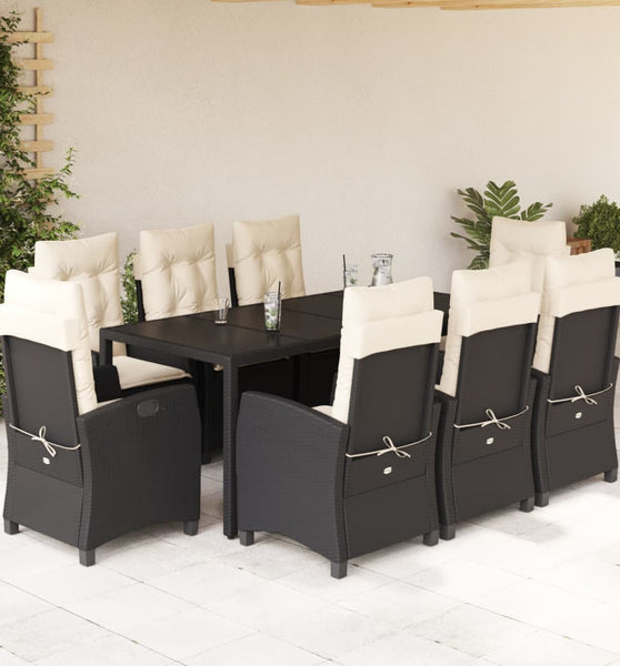 9-tlg. Garten-Essgruppe mit Kissen Schwarz Poly Rattan