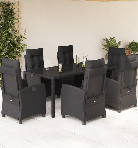 7-tlg. Garten-Essgruppe mit Kissen Schwarz Poly Rattan