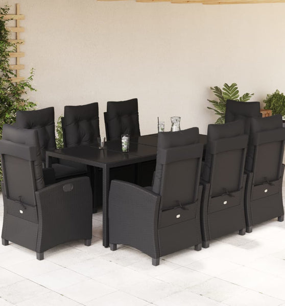 9-tlg. Garten-Essgruppe mit Kissen Schwarz Poly Rattan