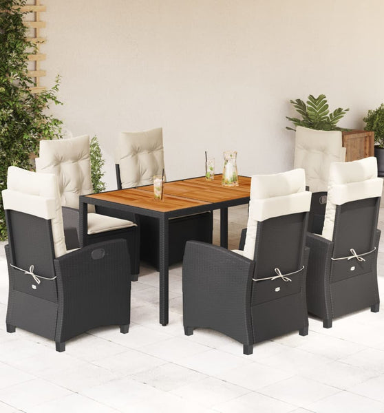 7-tlg. Garten-Essgruppe mit Kissen Schwarz Poly Rattan