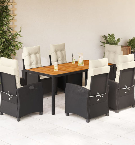 7-tlg. Garten-Essgruppe mit Kissen Schwarz Poly Rattan