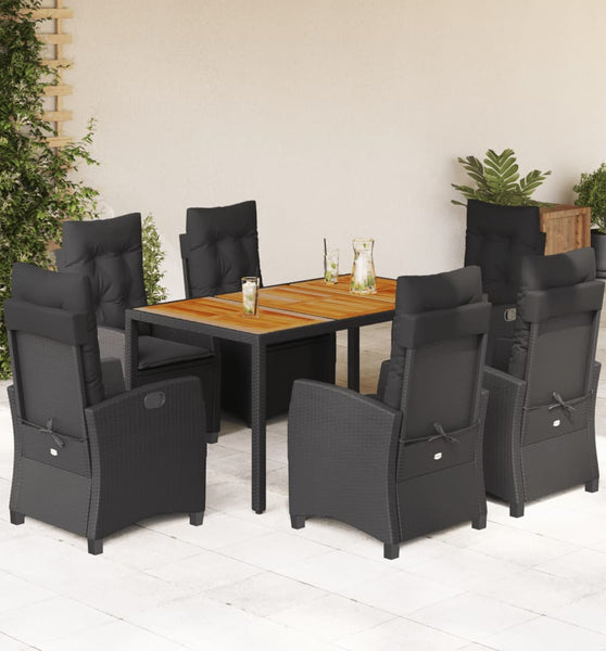 7-tlg. Garten-Essgruppe mit Kissen Schwarz Poly Rattan