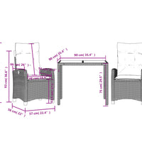3-tlg. Garten-Essgruppe mit Kissen Grau Poly Rattan