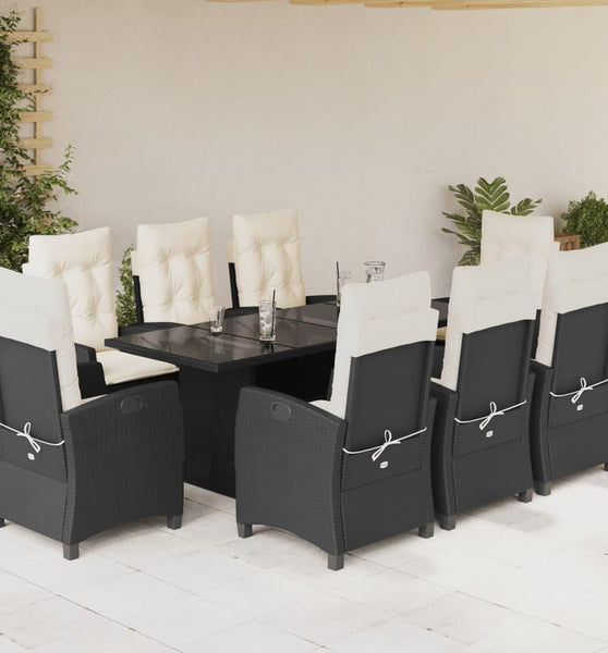 9-tlg. Garten-Essgruppe mit Kissen Schwarz Poly Rattan
