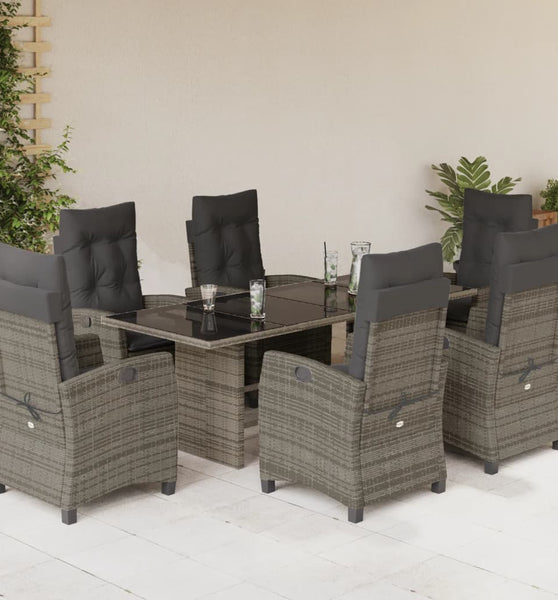 7-tlg. Garten-Essgruppe mit Kissen Grau Poly Rattan