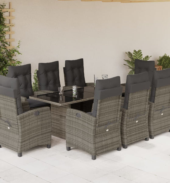 9-tlg. Garten-Essgruppe mit Kissen Grau Poly Rattan