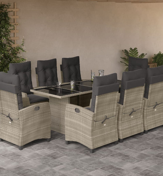 9-tlg. Garten-Essgruppe mit Kissen Hellgrau Poly Rattan