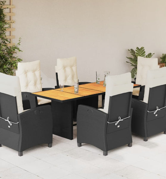 7-tlg. Garten-Essgruppe mit Kissen Schwarz Poly Rattan