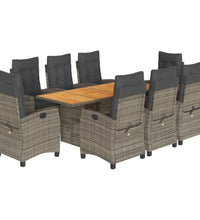 9-tlg. Garten-Essgruppe mit Kissen Grau Poly Rattan