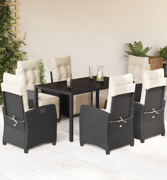 7-tlg. Garten-Essgruppe mit Kissen Schwarz Poly Rattan