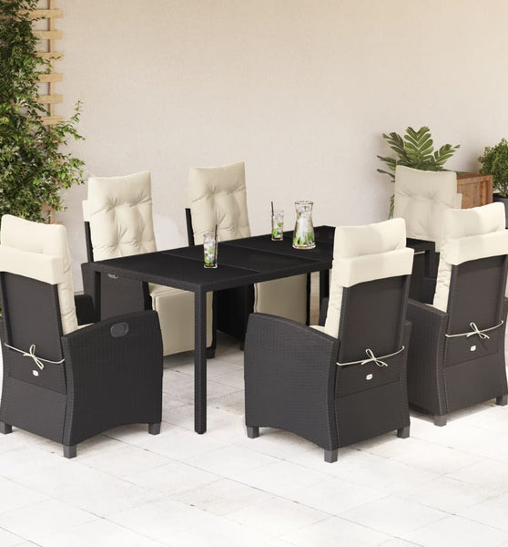 7-tlg. Garten-Essgruppe mit Kissen Schwarz Poly Rattan