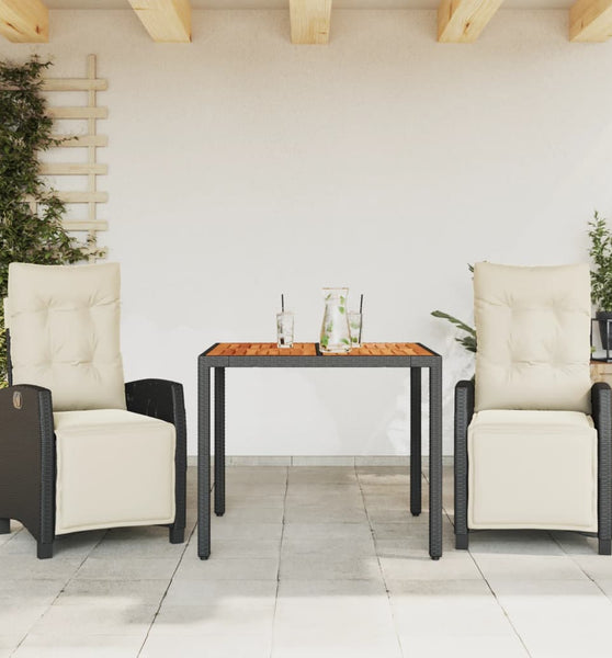 3-tlg. Garten-Essgruppe mit Kissen Schwarz Poly Rattan