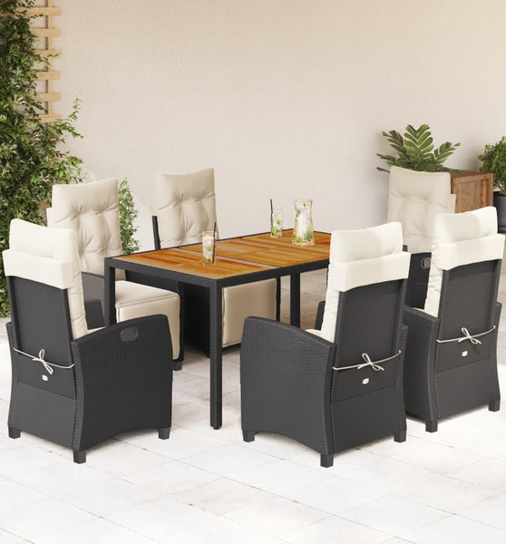 7-tlg. Garten-Essgruppe mit Kissen Schwarz Poly Rattan