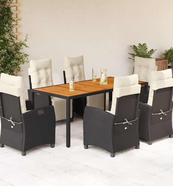 7-tlg. Garten-Essgruppe mit Kissen Schwarz Poly Rattan