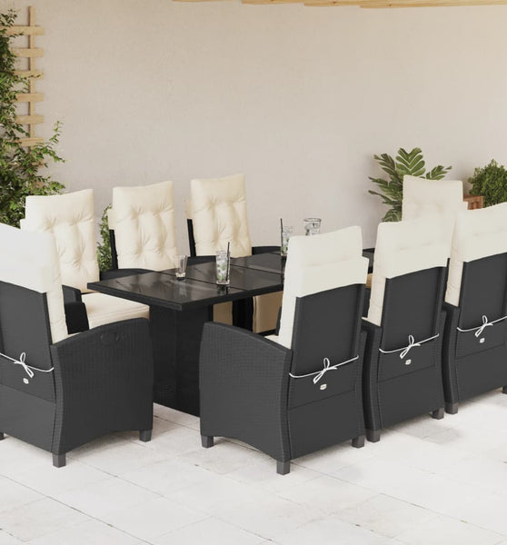 9-tlg. Garten-Essgruppe mit Kissen Schwarz Poly Rattan