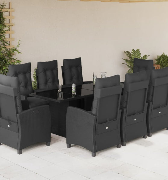 9-tlg. Garten-Essgruppe mit Kissen Schwarz Poly Rattan