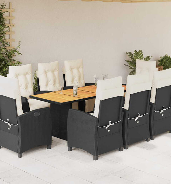 9-tlg. Garten-Essgruppe mit Kissen Schwarz Poly Rattan