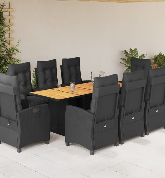 9-tlg. Garten-Essgruppe mit Kissen Schwarz Poly Rattan