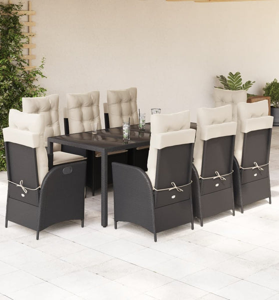 9-tlg. Garten-Essgruppe mit Kissen Schwarz Poly Rattan