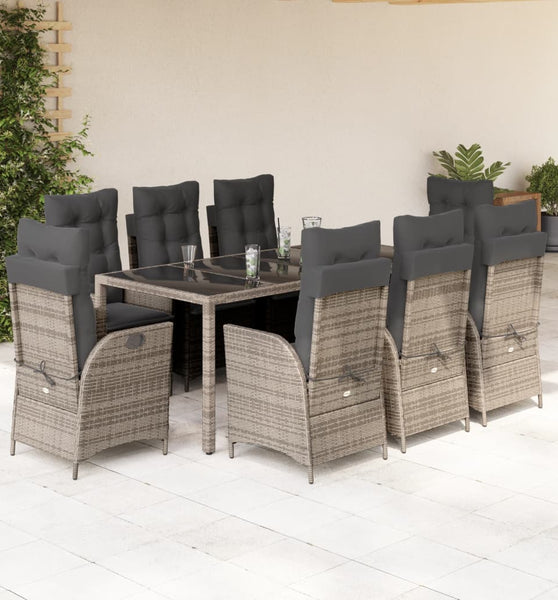 9-tlg. Garten-Essgruppe mit Kissen Grau Poly Rattan