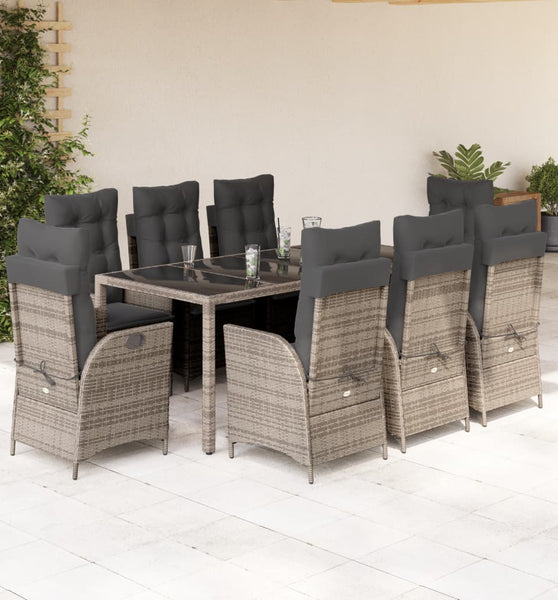 9-tlg. Garten-Essgruppe mit Kissen Grau Poly Rattan