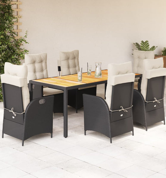 7-tlg. Garten-Essgruppe mit Kissen Schwarz Poly Rattan
