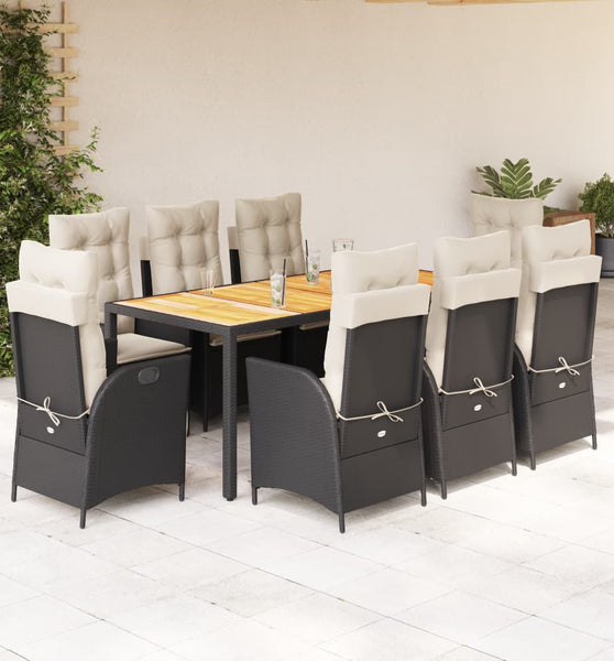 9-tlg. Garten-Essgruppe mit Kissen Schwarz Poly Rattan