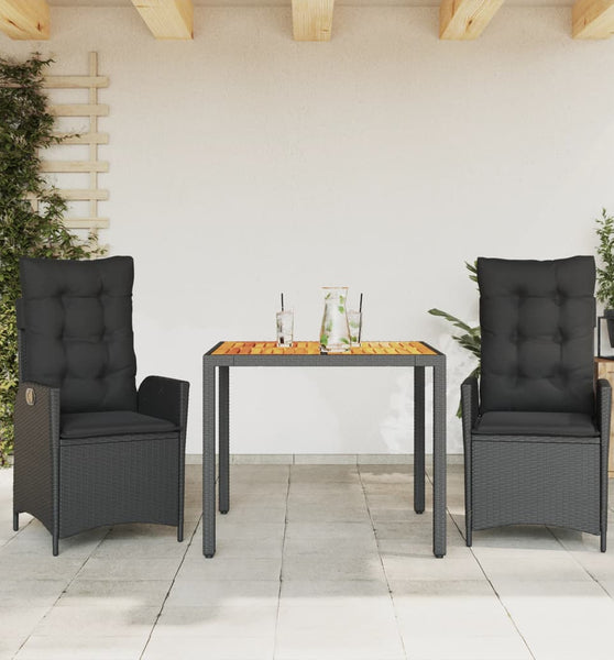 3-tlg. Garten-Essgruppe mit Kissen Schwarz Poly Rattan