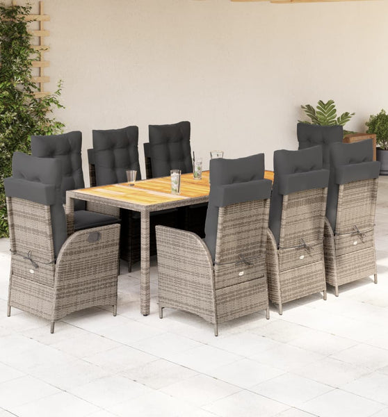9-tlg. Garten-Essgruppe mit Kissen Grau Poly Rattan