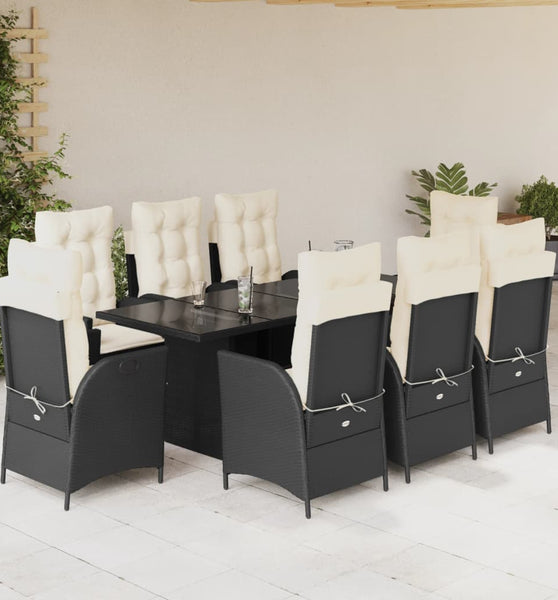 9-tlg. Garten-Essgruppe mit Kissen Schwarz Poly Rattan