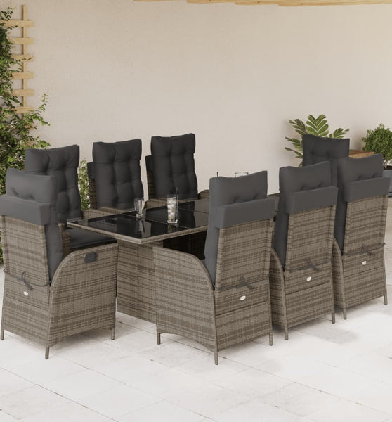 9-tlg. Garten-Essgruppe mit Kissen Grau Poly Rattan