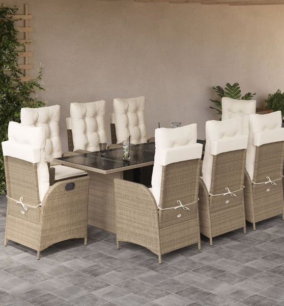 9-tlg. Garten-Essgruppe mit Kissen Beige Poly Rattan