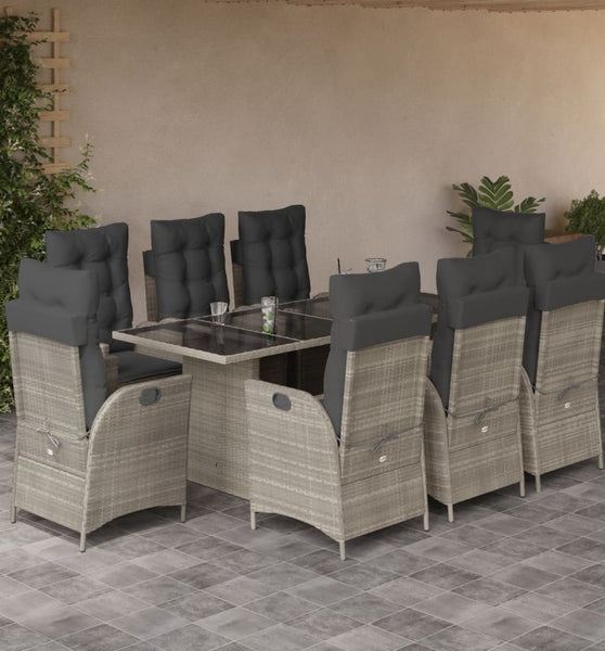 9-tlg. Garten-Essgruppe mit Kissen Hellgrau Poly Rattan