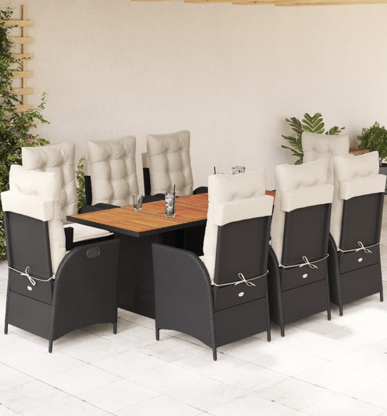 9-tlg. Garten-Essgruppe mit Kissen Schwarz Poly Rattan