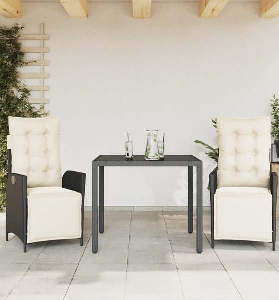 3-tlg. Garten-Essgruppe mit Kissen Schwarz Poly Rattan