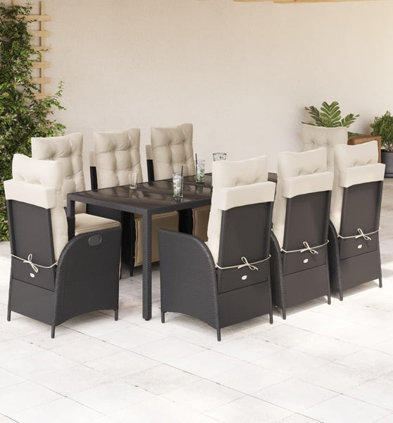 9-tlg. Garten-Essgruppe mit Kissen Schwarz Poly Rattan