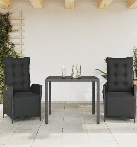 3-tlg. Garten-Essgruppe mit Kissen Schwarz Poly Rattan
