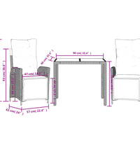 3-tlg. Garten-Essgruppe mit Kissen Grau Poly Rattan