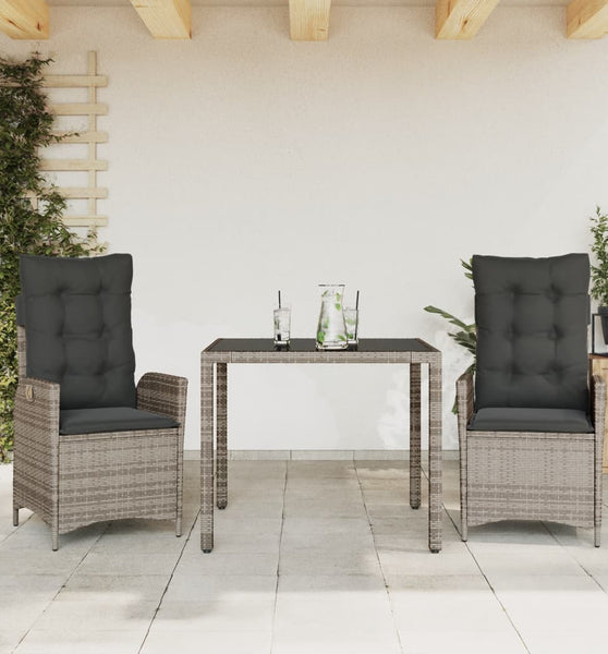 3-tlg. Garten-Essgruppe mit Kissen Grau Poly Rattan