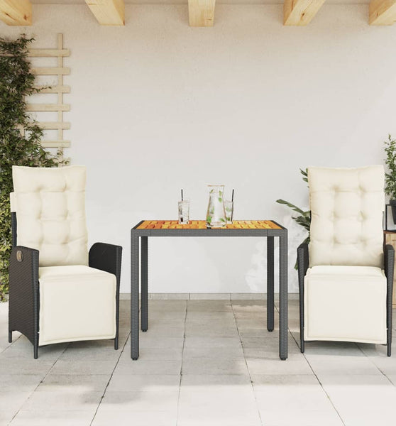 3-tlg. Garten-Essgruppe mit Kissen Schwarz Poly Rattan