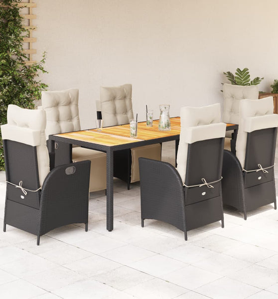 7-tlg. Garten-Essgruppe mit Kissen Schwarz Poly Rattan