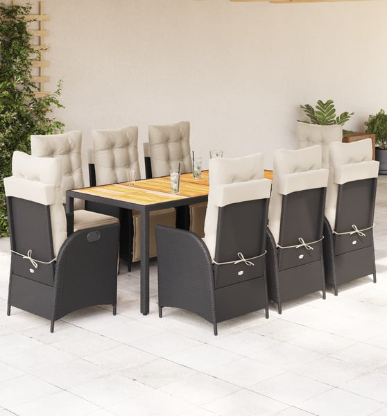 9-tlg. Garten-Essgruppe mit Kissen Schwarz Poly Rattan