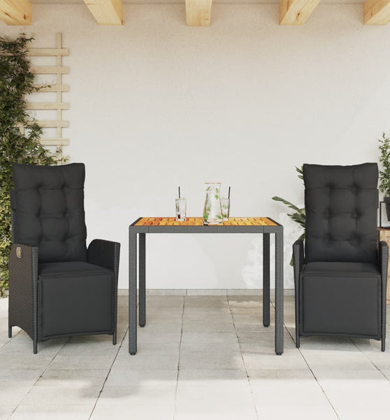 3-tlg. Garten-Essgruppe mit Kissen Schwarz Poly Rattan