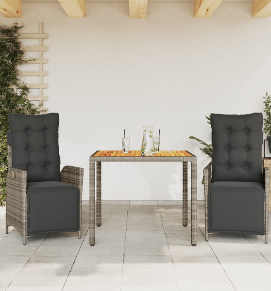 3-tlg. Garten-Essgruppe mit Kissen Grau Poly Rattan