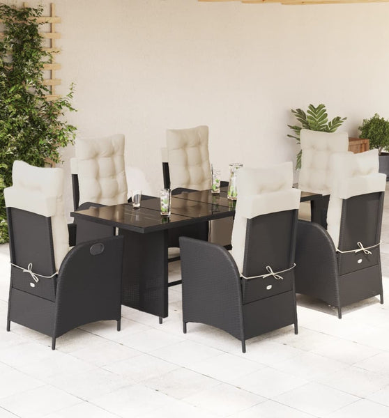 7-tlg. Garten-Essgruppe mit Kissen Schwarz Poly Rattan