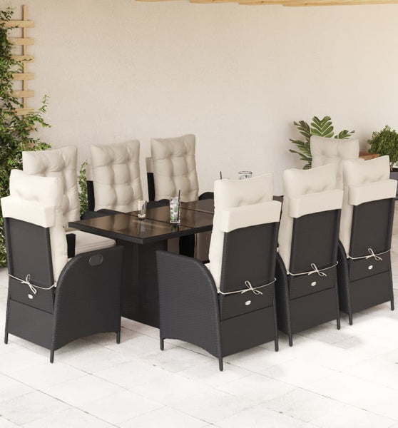 9-tlg. Garten-Essgruppe mit Kissen Schwarz Poly Rattan
